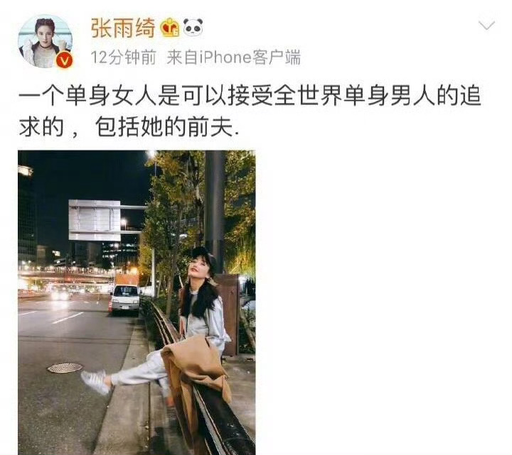 张雨绮曾说“一个单身女人是可以接受全世界单身男人的追求的，包括她的前夫”。张雨绮