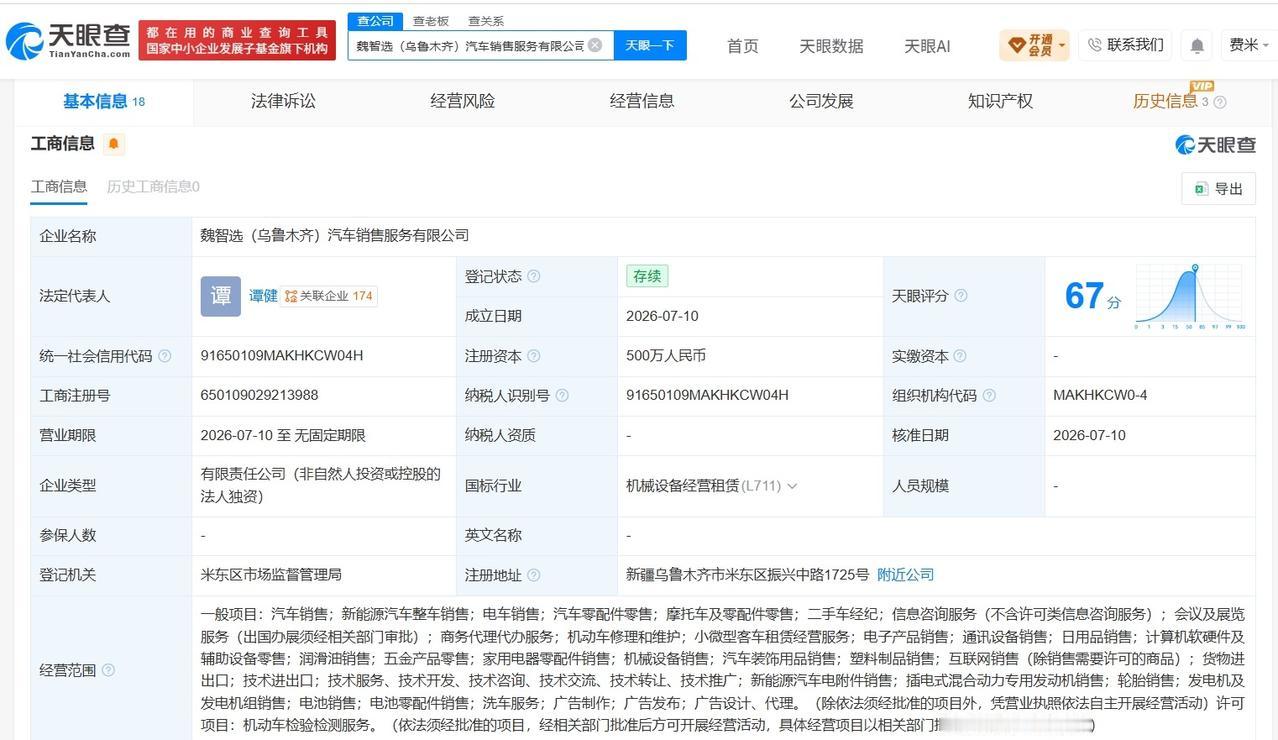 长城汽车在乌鲁木齐成立新公司 注册资本500万
天眼查App显示，近日，魏智选（