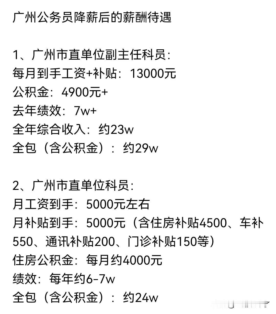 据说这是降薪后广州公务员的薪资，其中公检法的薪资可以达到年薪30万，最低的增城区