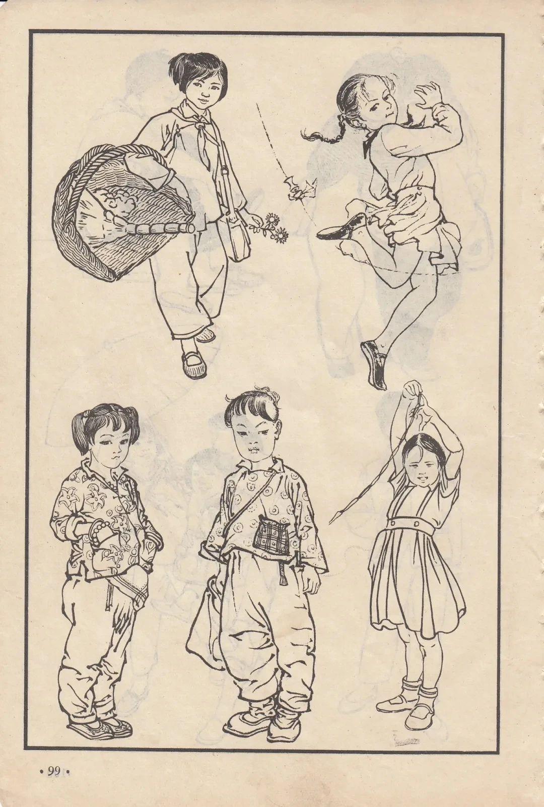 六七十年代的线描人物画，年代感满满，收录于《人物画参考资料》，适用于美术学习与创