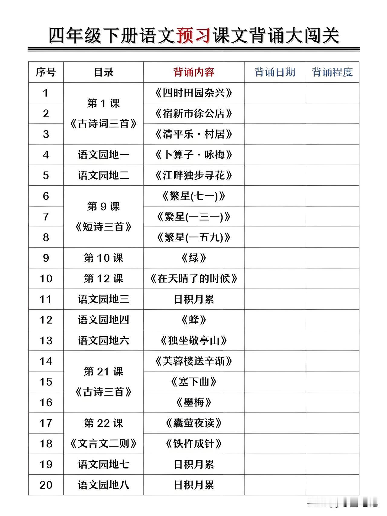 四年级下册语文：全册必背内容梳理清单+每日背诵闯关表，是孩子新学期查漏补缺的好帮