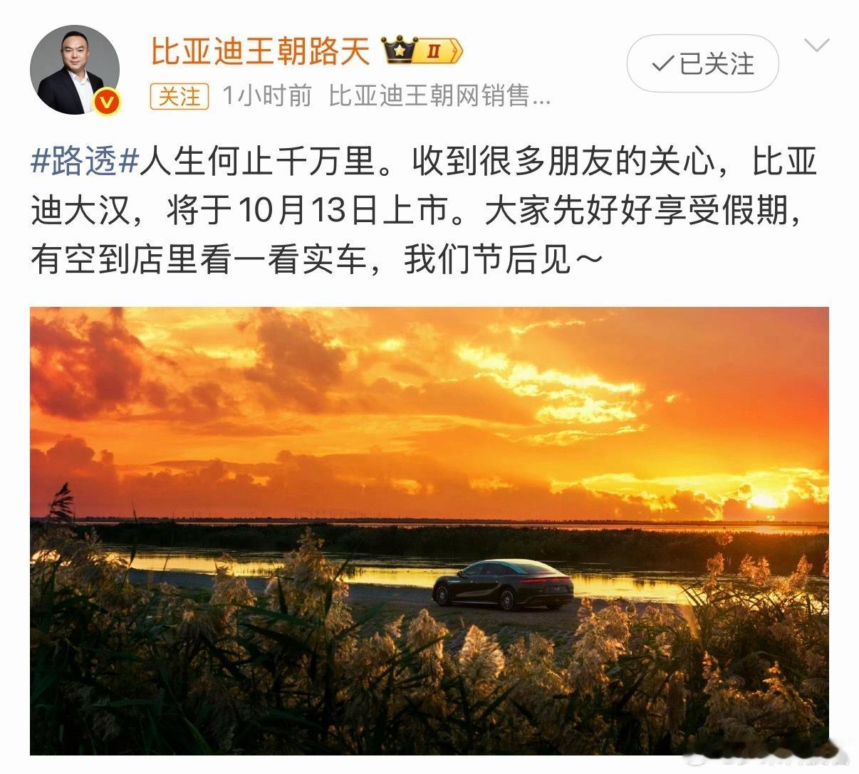 比亚迪王朝路天总发博表示，比亚迪大汉定档10月13日上市。大汉、海豹08、方程S