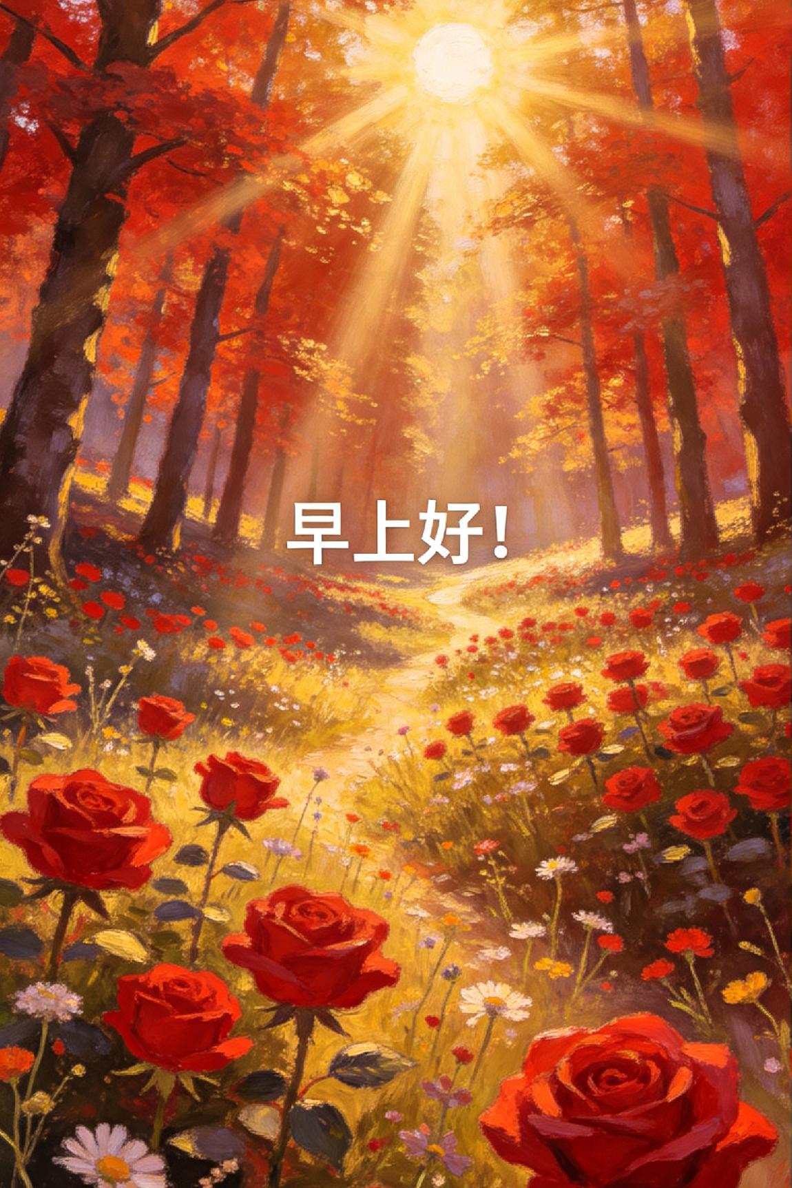 《七律·晨光》

 
晓破层林散霭烟，金辉斜落润芳田。

千丛野卉舒新艳，万朵玫