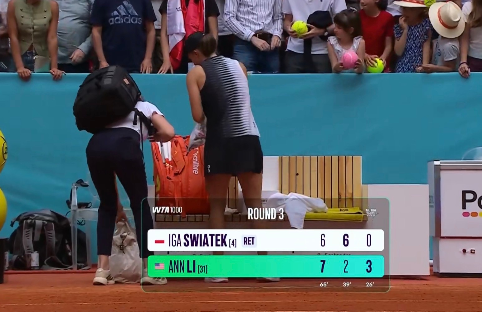 斯瓦泰克决胜盘0-3(0-30)落后时因身体不适选择退赛，李安因此晋级马德里赛1