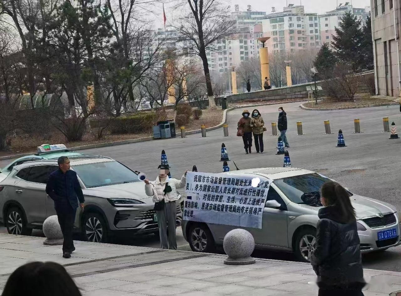 辽宁抚顺，一女子在某政府部门大楼门口，通过拉横幅、外放喇叭的方式，举报市监局副处