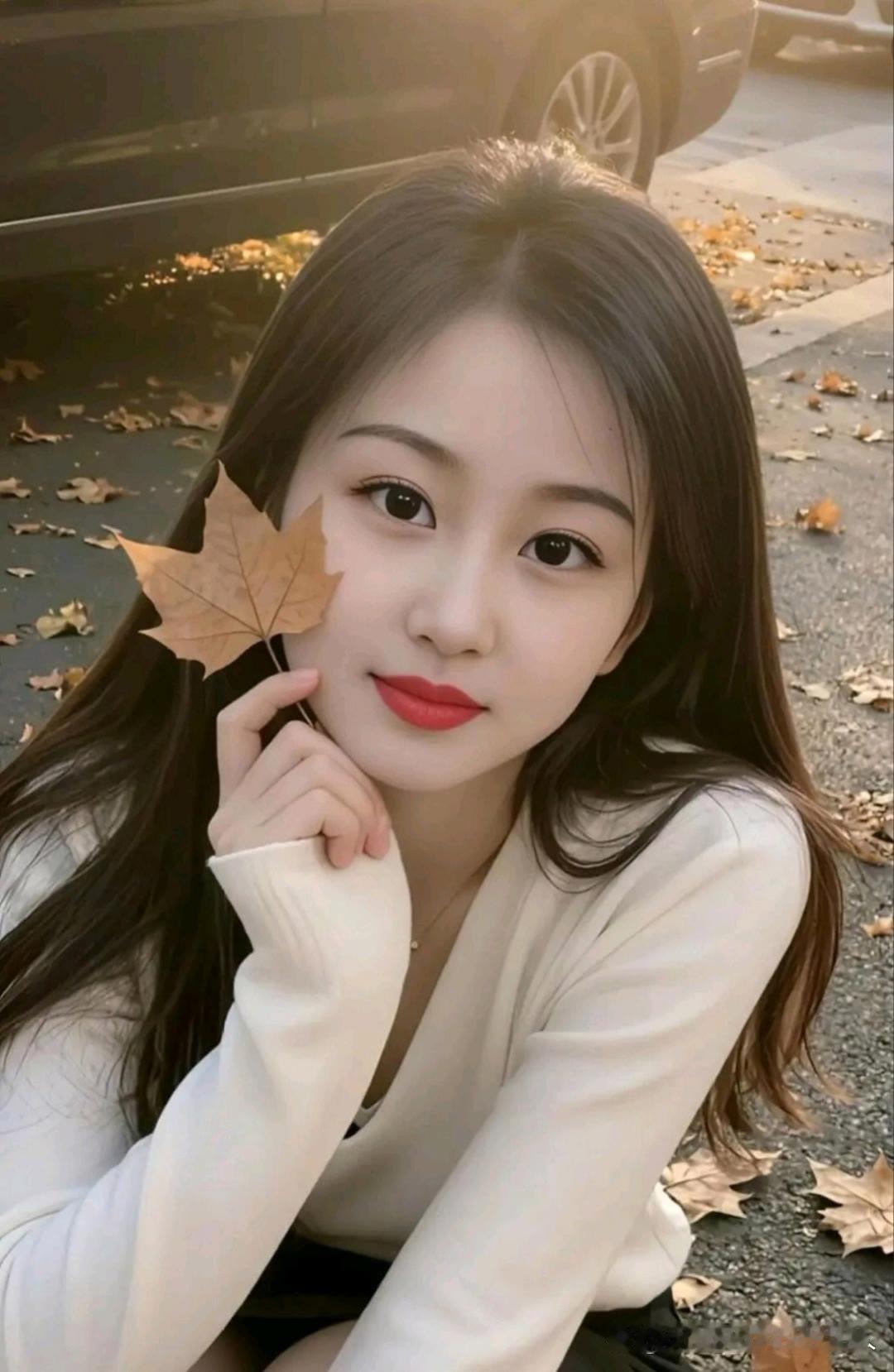 秋日暖阳下，少女与落叶的温柔邂逅