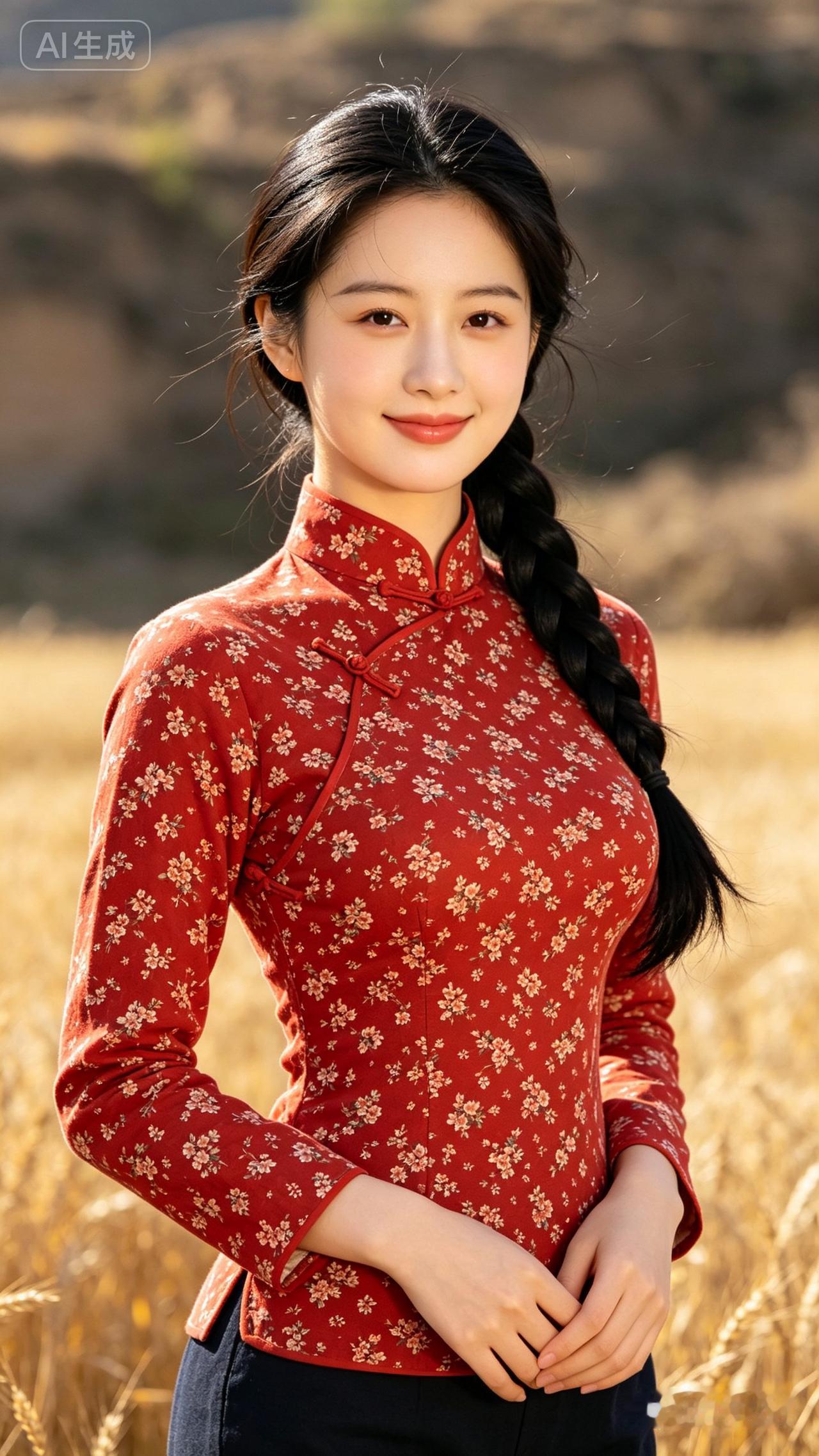 这位小姐姐在田野里拍照呢。