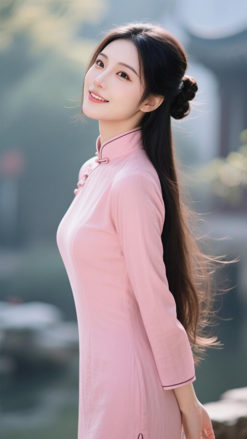 温婉国风版
一袭粉旗袍，绾起青丝几许。
春风拂过发梢，眉眼间尽是江南的温柔。
在