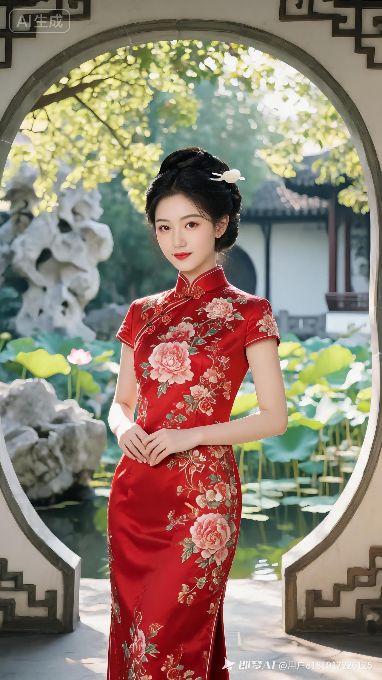 穿旗袍的姑娘站在荷花池旁。