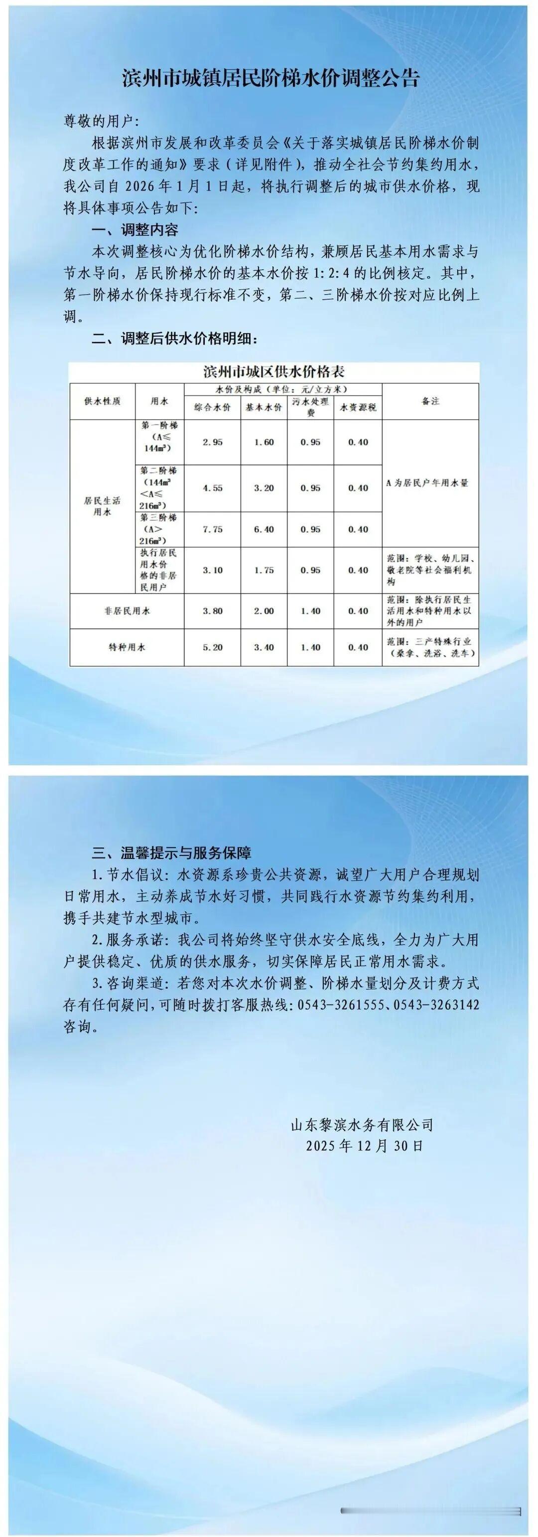 事关水价！滨州4家供水企业公告

近日，山东滨州城区4大供水公司（黎滨、西海、南
