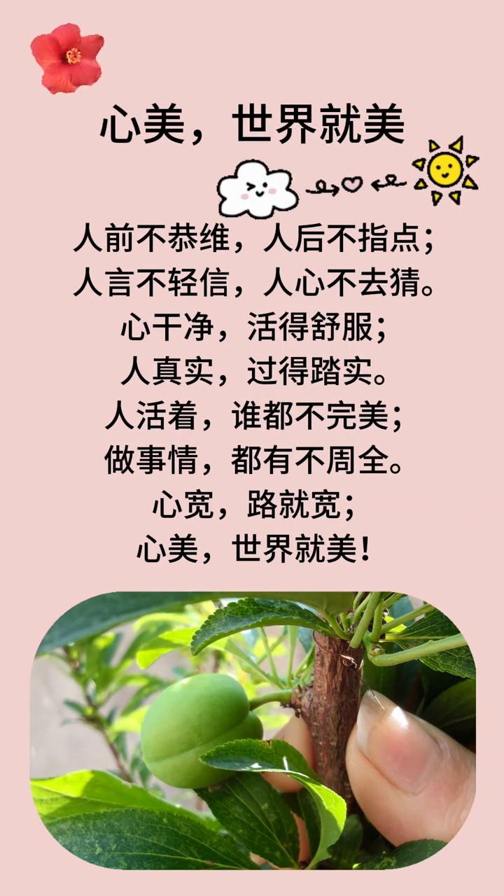 心美，世界就美。
人前不恭维，人后不指点；人言不轻信，人心不去猜。心干净，活得舒