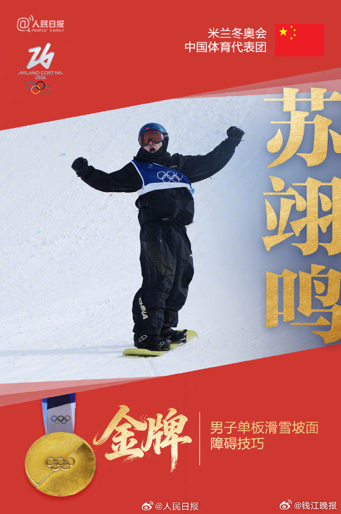 #中国队米兰冬奥首金#【#苏翊鸣金牌#！】#苏翊鸣单板滑雪坡障技巧决赛# 意大利