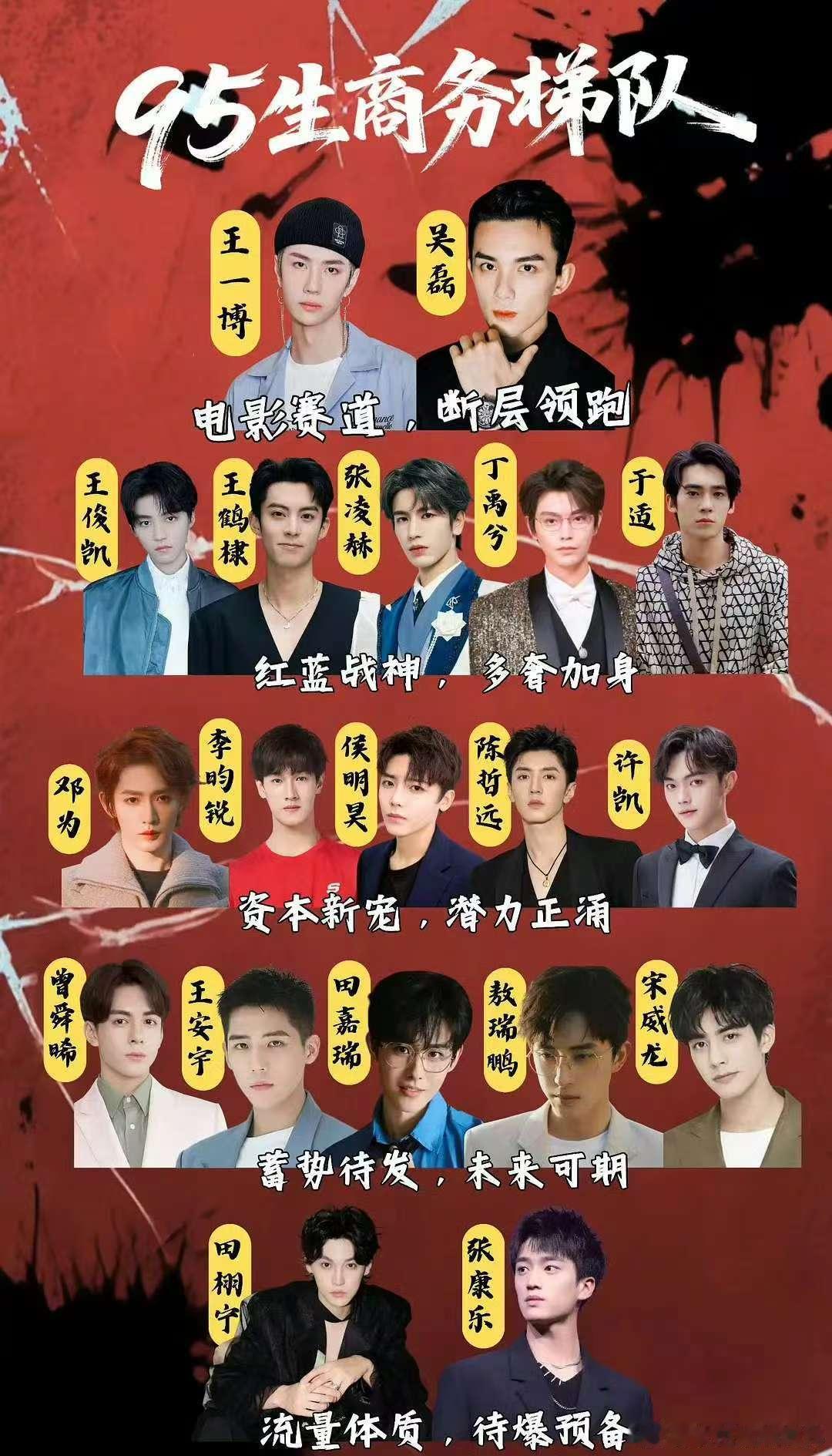 网友做的95生商务梯队图TOP：王一博和吴磊第二梯队：王俊凯 王鹤棣 张凌赫 丁