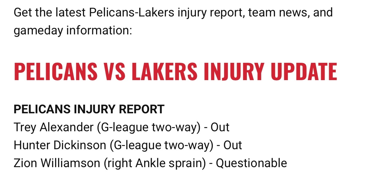 鹈鹕更新伤病报告，锡安·威廉森（右脚踝扭伤）出战成疑。他缺席了昨天与快船的比赛，