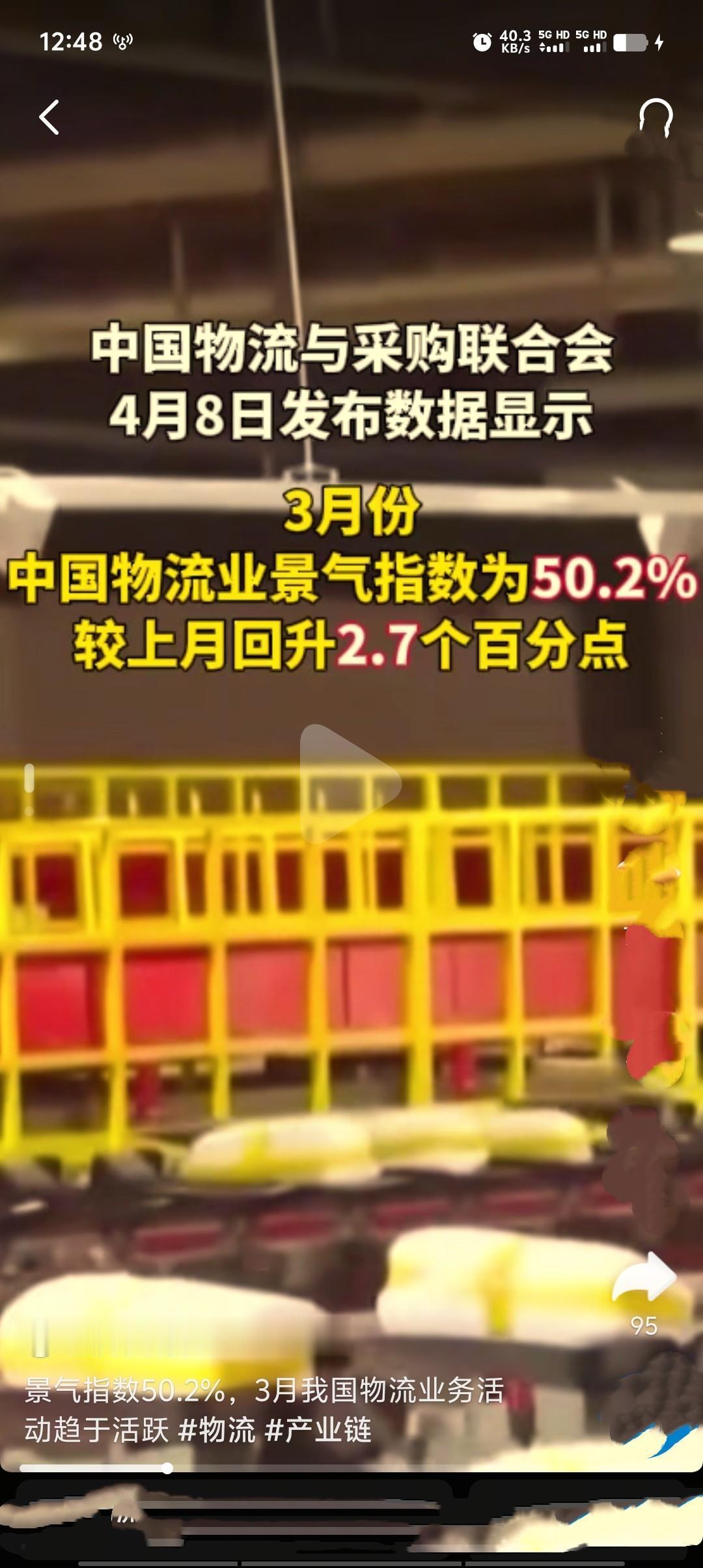 4月8日，中国物流与采购联合会发布数据：3月中国物流业景气指数达50.2%，较上