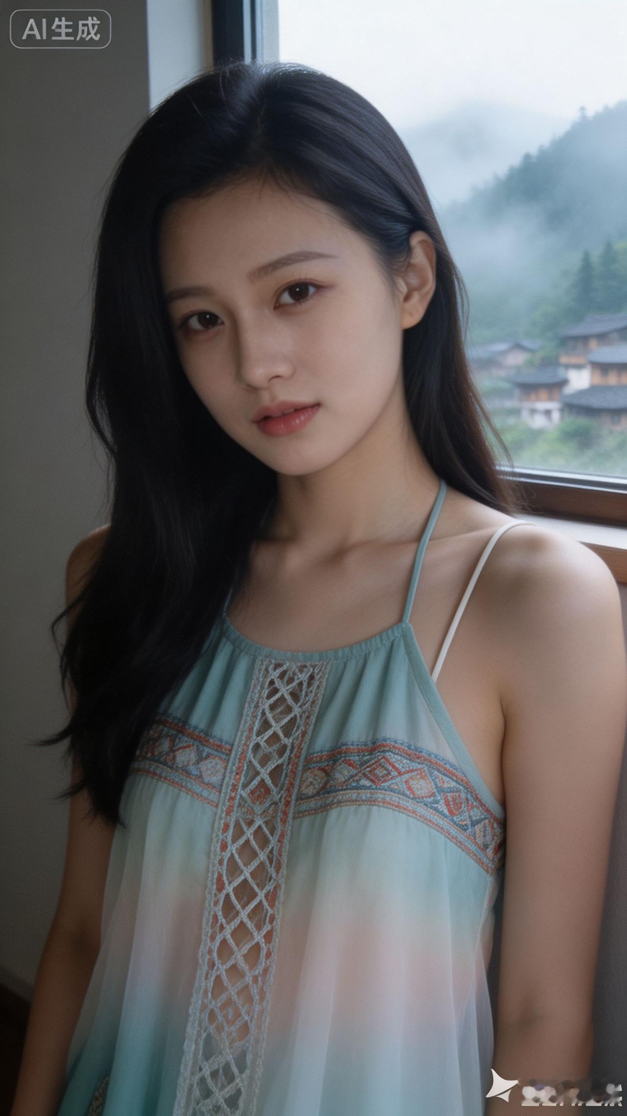 一个穿蓝裙子的女生在窗边。
