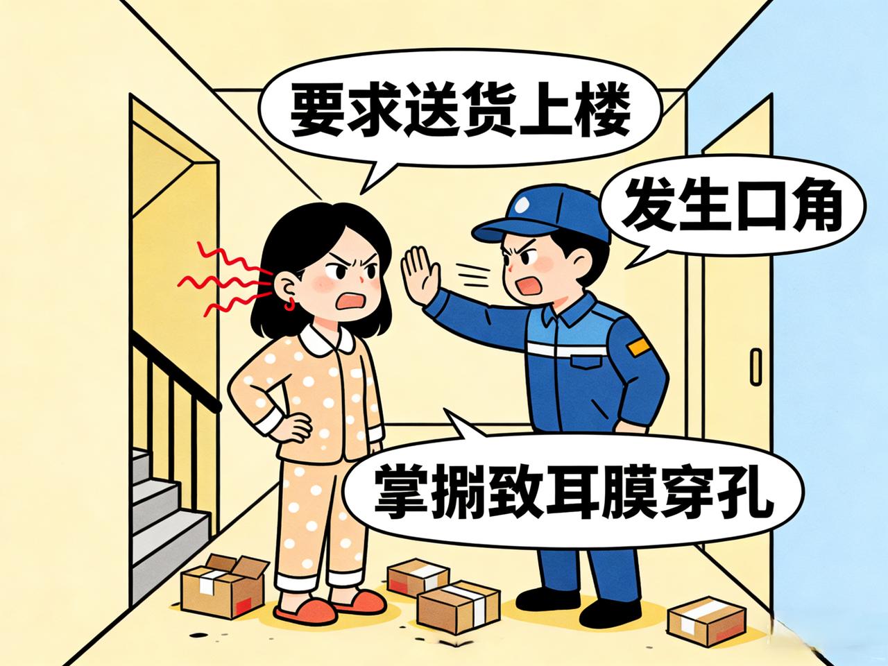 女子要求快递上楼遭掌掴致耳膜穿孔！快递服务边界与冲突底线该如何界定？
 
近日，