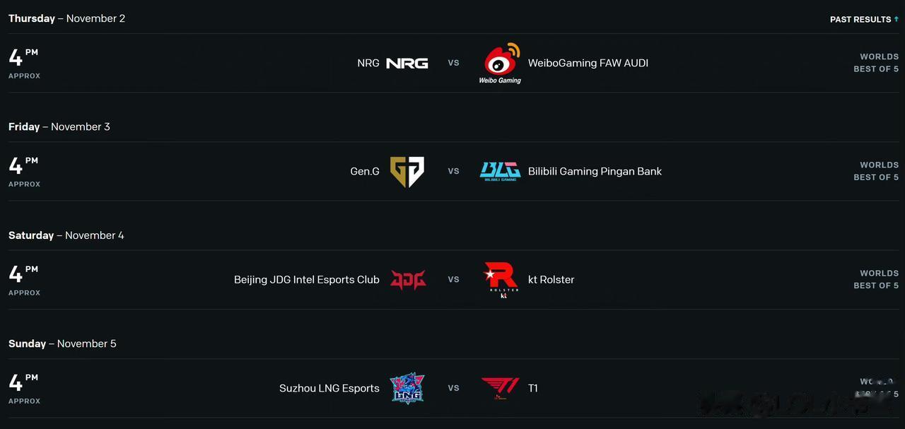 八强第一轮详细赛程安排：
11月2日 NRG vs WBG；
11月3日 GEN