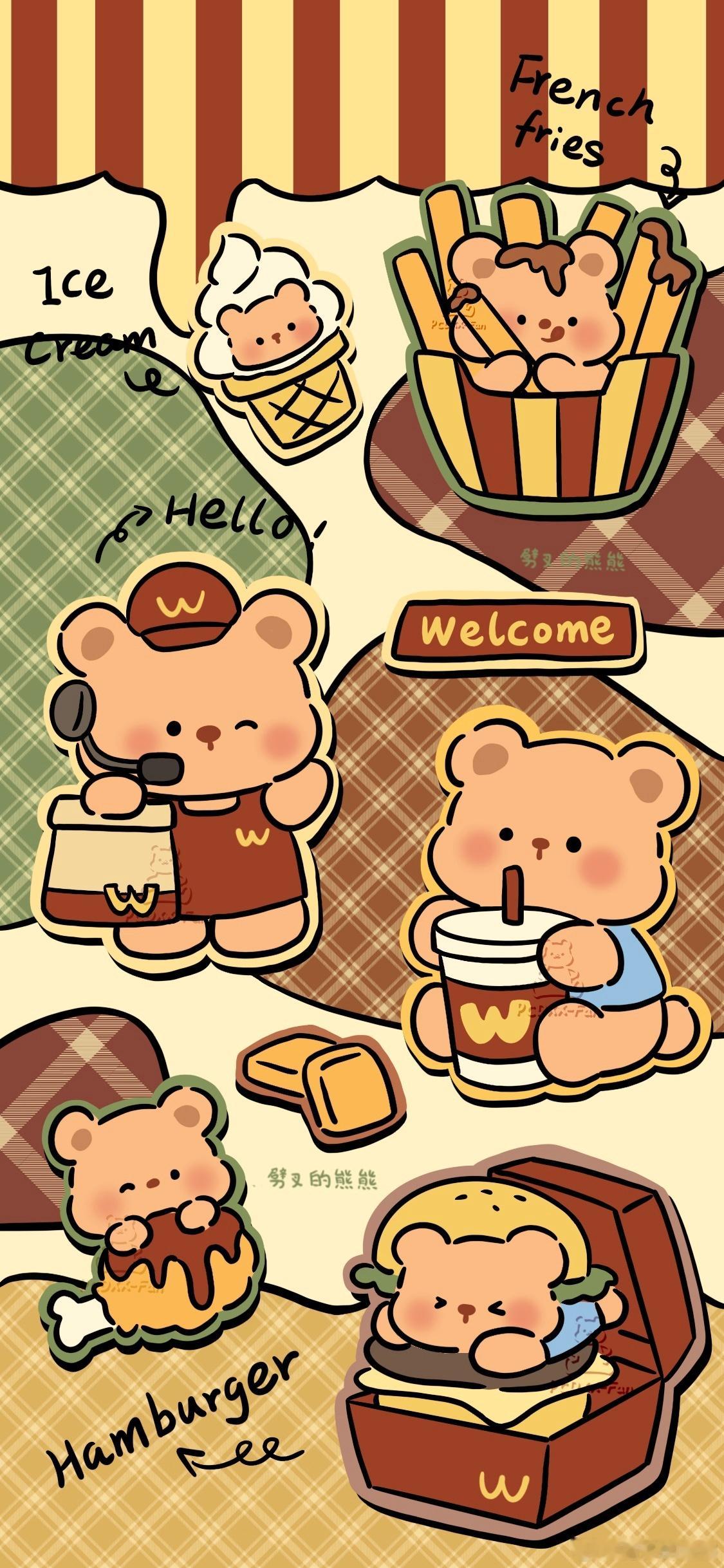 复古拼接动物系列｜原创可爱壁纸第417期日更壁纸啦！❤️：复古汉堡小熊：复古小兔