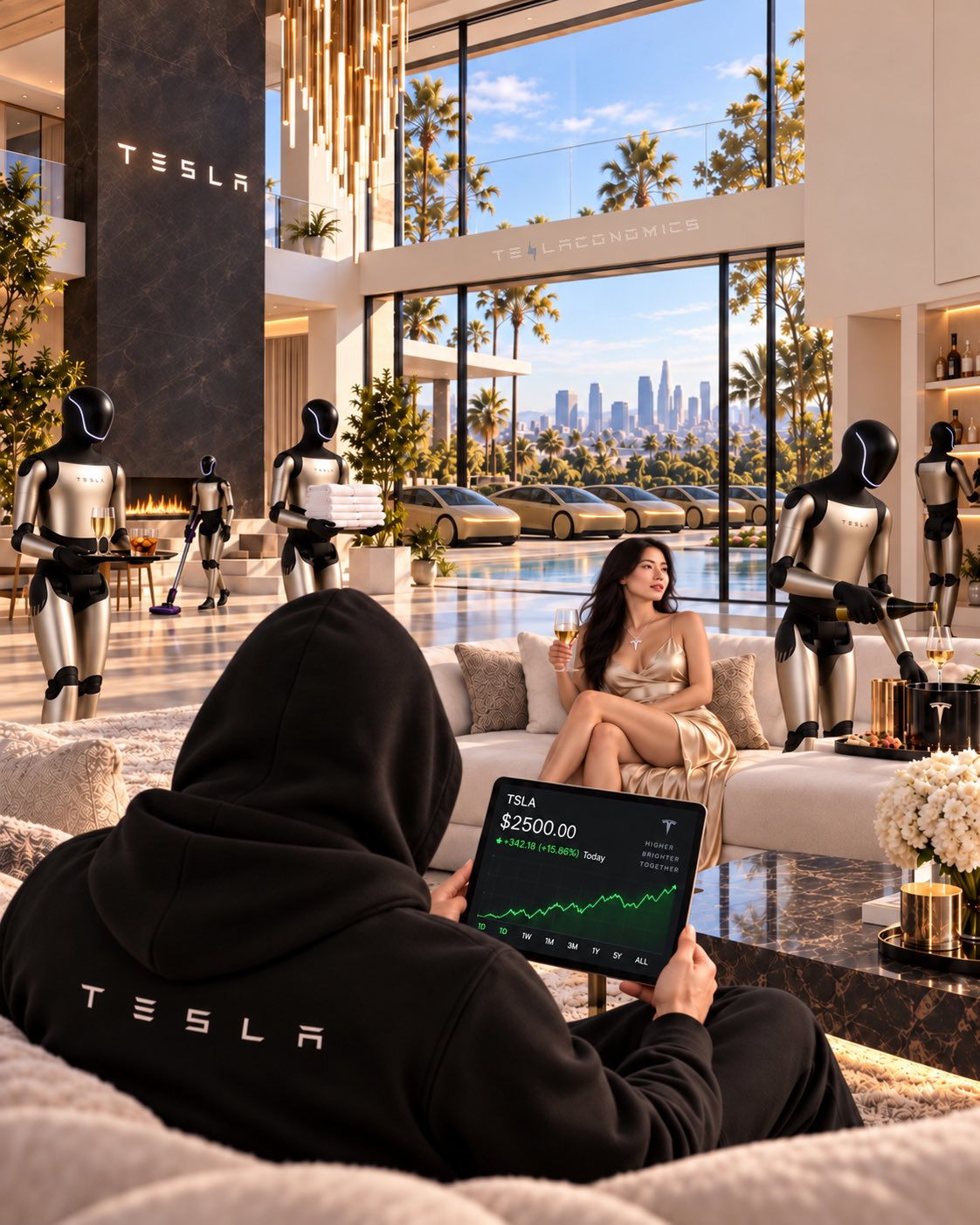 特斯拉粉丝幻想的生活：特斯拉股价$2500外面排满了赛博carOptimus机器