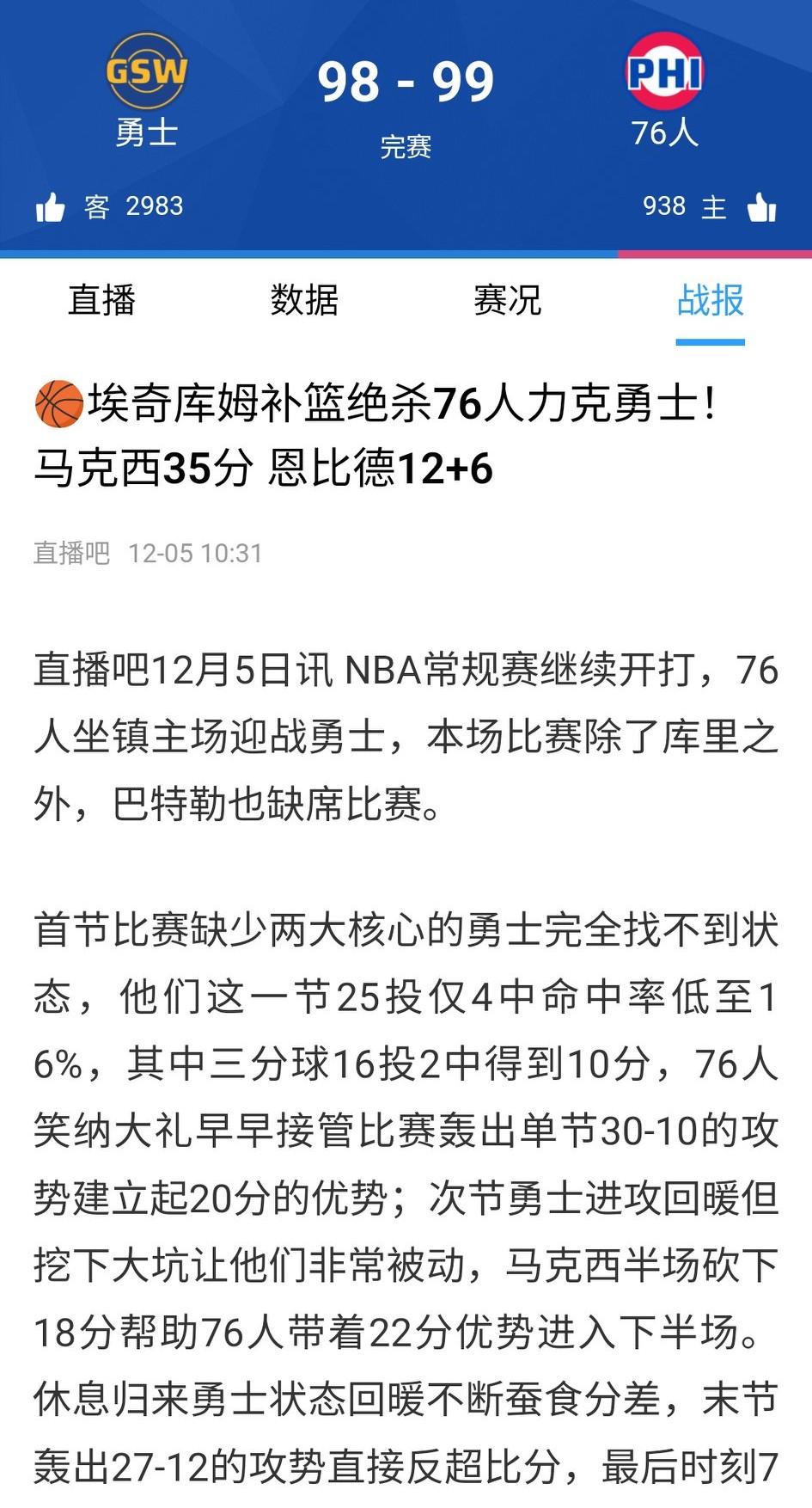 塞斯还是库里吗？无库无巴勇士被76人反绝杀。跌宕起伏，结局不到最后一刻，你永远猜