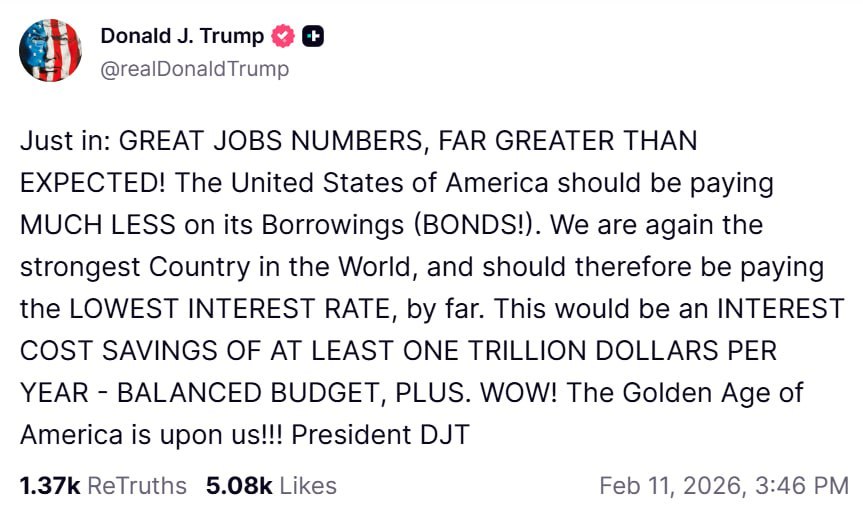 特朗普通过 Truth Social 发文：最新消息：就业数据超出预期！美国本应