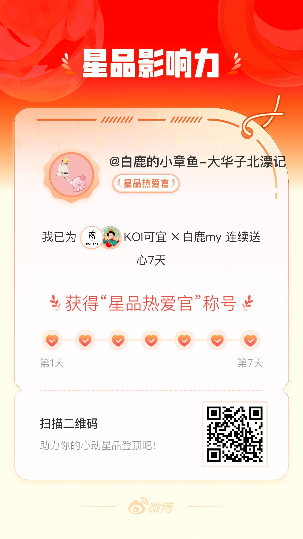 我在星品影响力上为 X 连续送心7天，获得“星品热爱官”称号！快来一起pick你