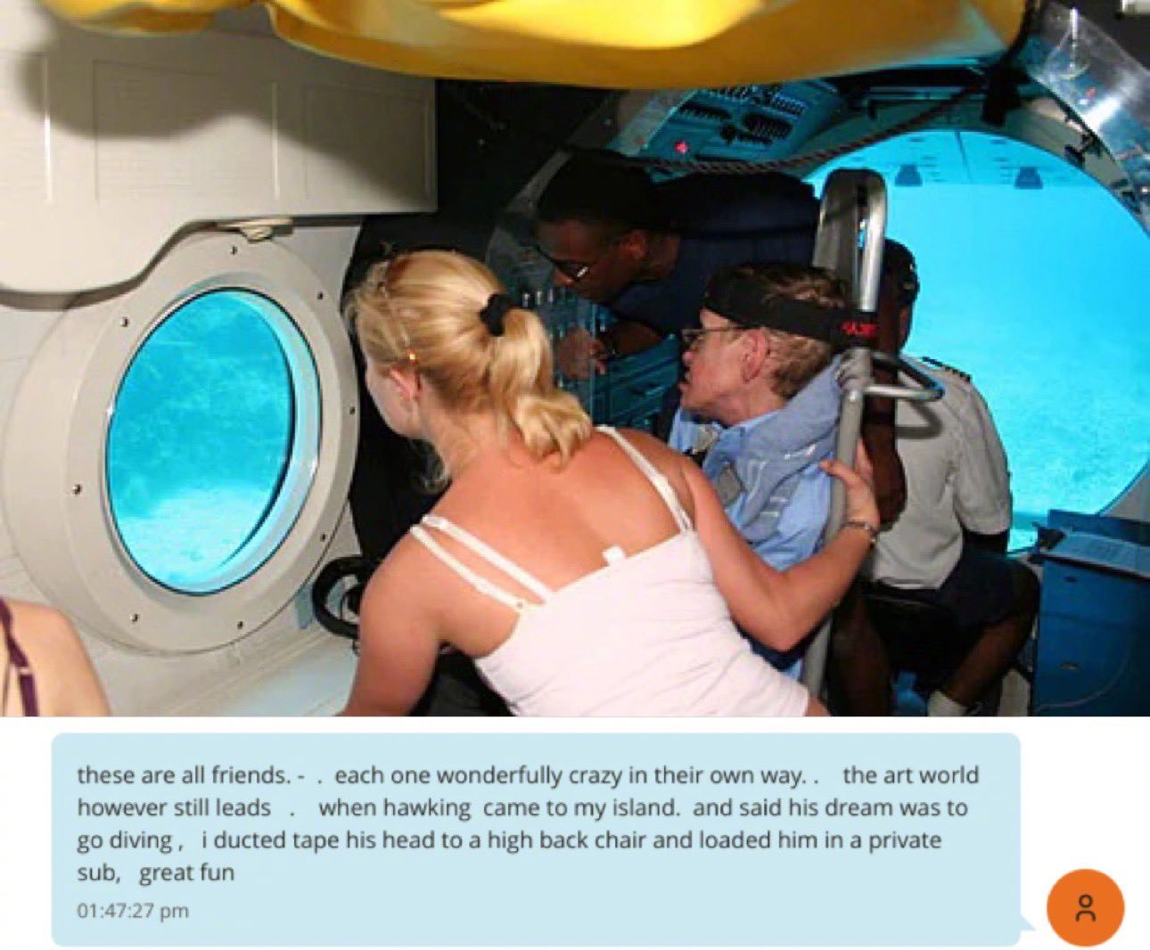 爱泼斯坦称为霍金圆了潜水梦爱泼斯坦：“当霍金来到我的岛上，说他的梦想是去潜水时，