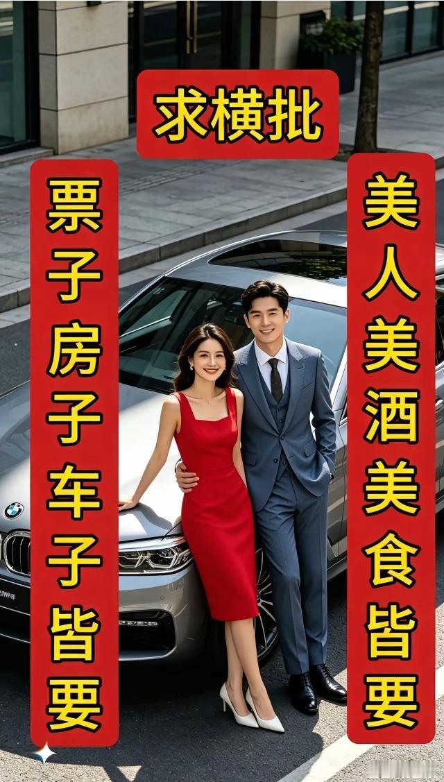 上联：美人美酒美食皆要
下联：票子房子车子皆要
横批：坐享其成