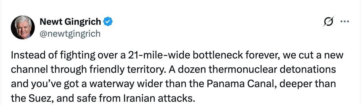 以美袭击伊朗前美国众议院议长纽特·金里奇敦促特朗普使用核武器，为霍尔木兹海峡开辟