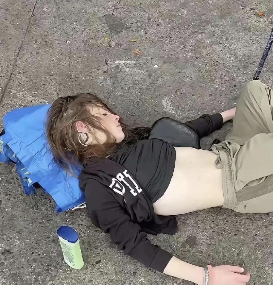 一个横卧街头的美国白人流浪女子，d品成瘾，现在每天只能静静的等待死亡。

那个白