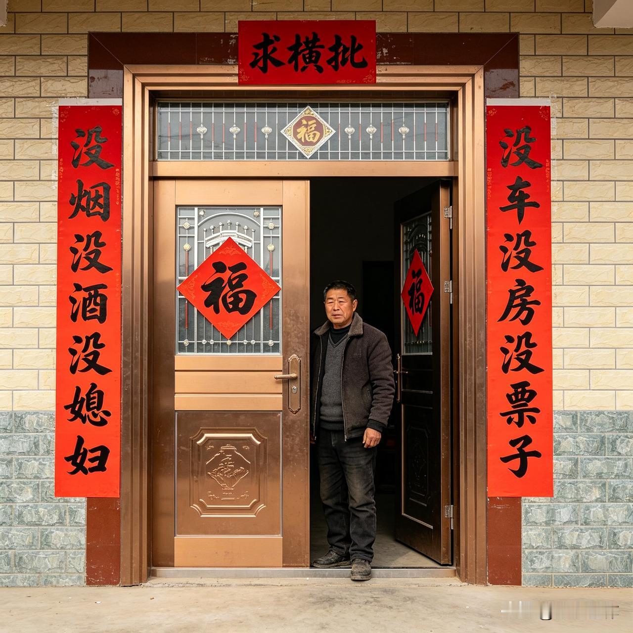 上联：没烟没酒没媳妇
下联：没车没房没票子
 
上下联直白道出单身生活现状，趣味