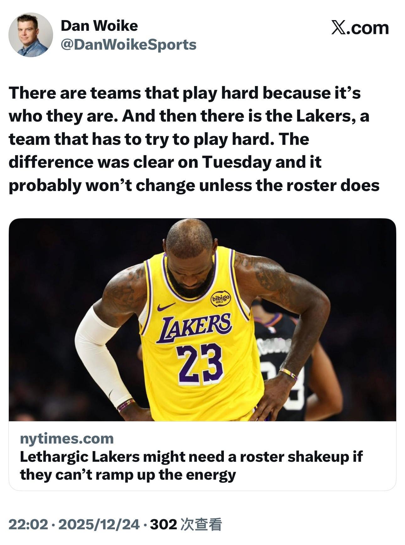 湖记Dan Woike撰文补充了一些今天的赛后和他自己的看法：这场球湖人根本没机