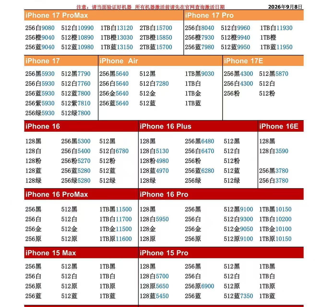 26年9月8日国行苹果手机系列价格更新，今天的17系列多数型号略跌，只是略跌个十
