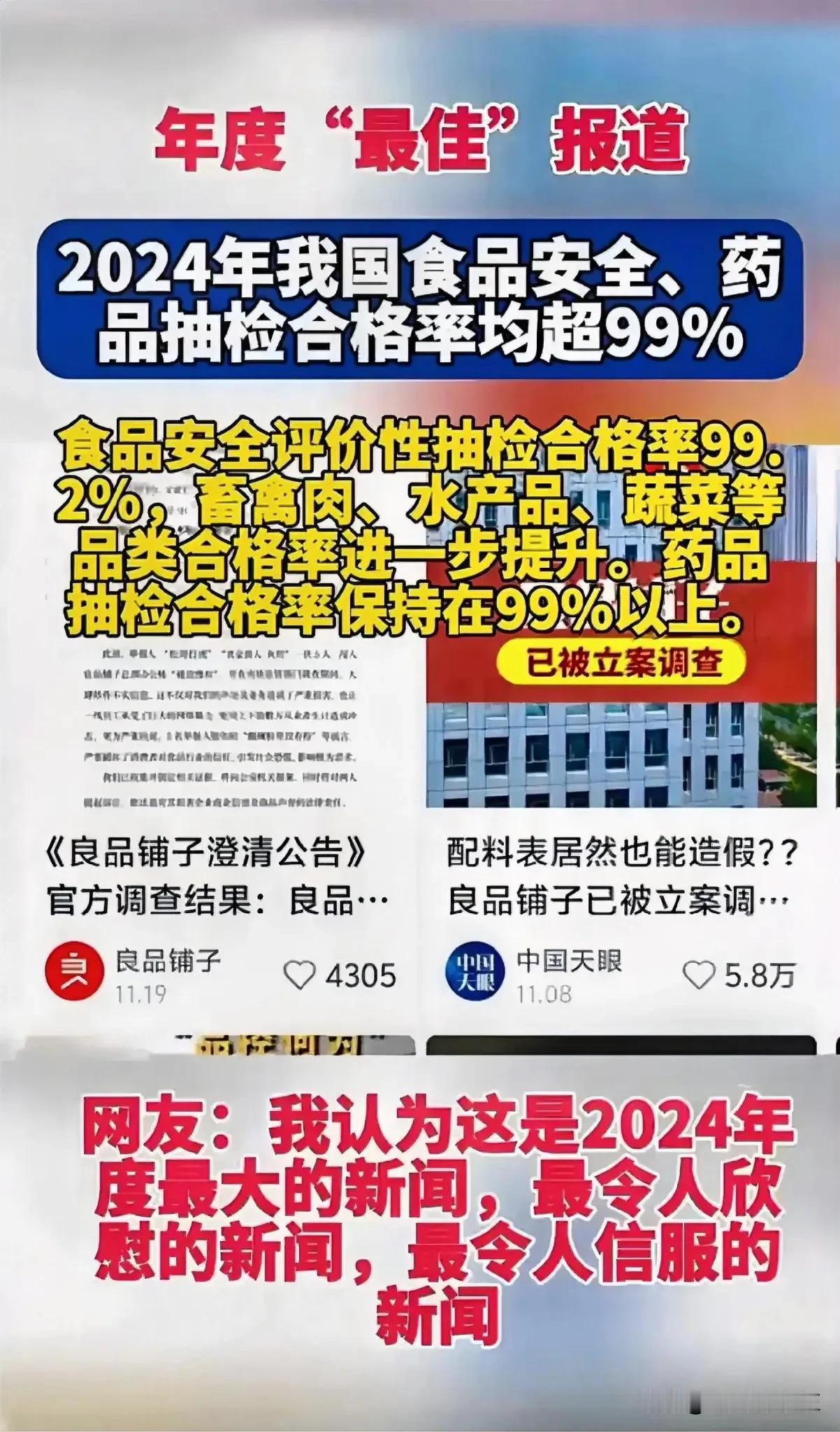 最近，有消息报道指出，在2024年的国家食品安全和药品抽检中，合格率均超过了99