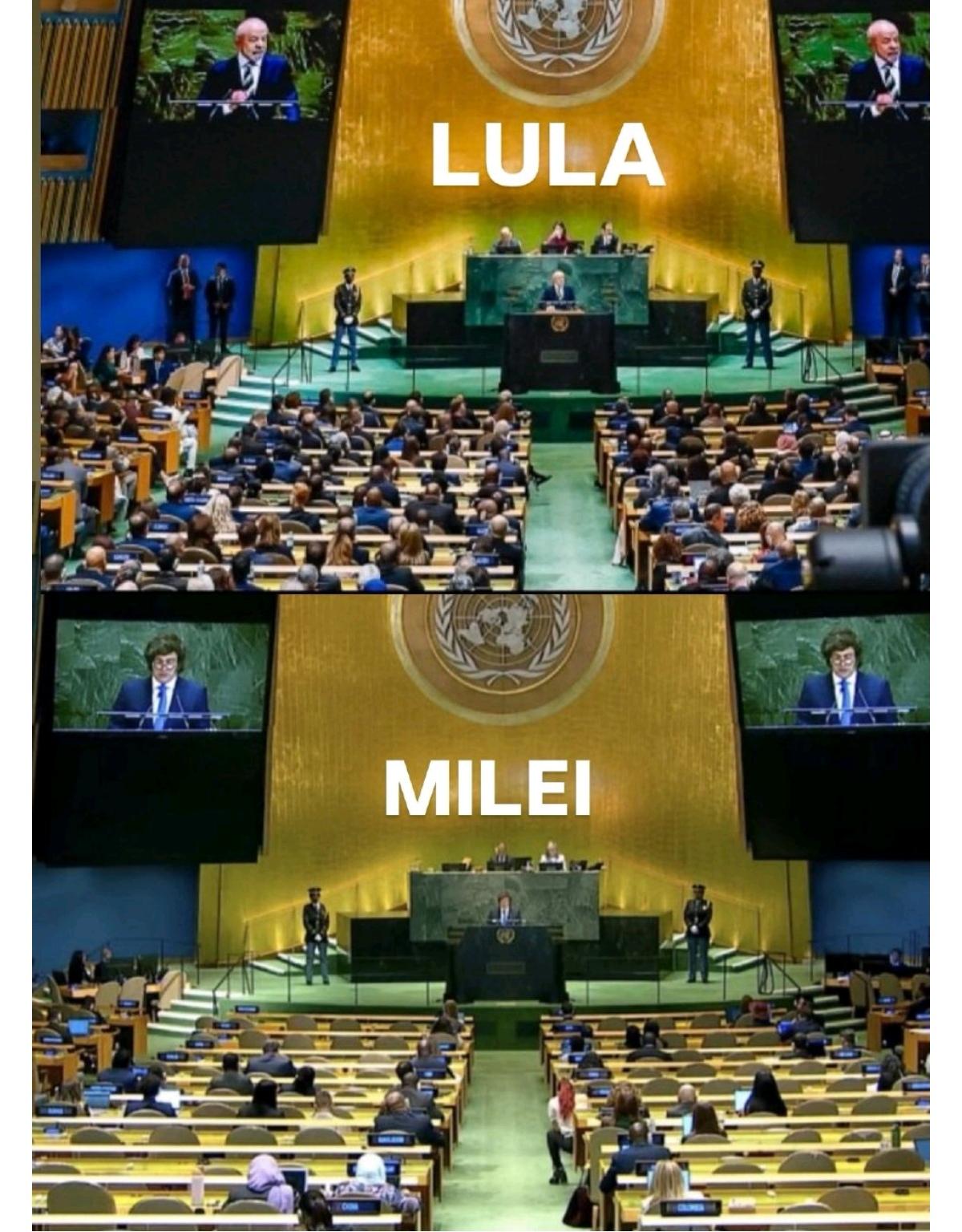 联合国大会上卢拉和米莱发言时的现场对比图片
现场受人尊敬的卢拉在世界面前为拉丁美