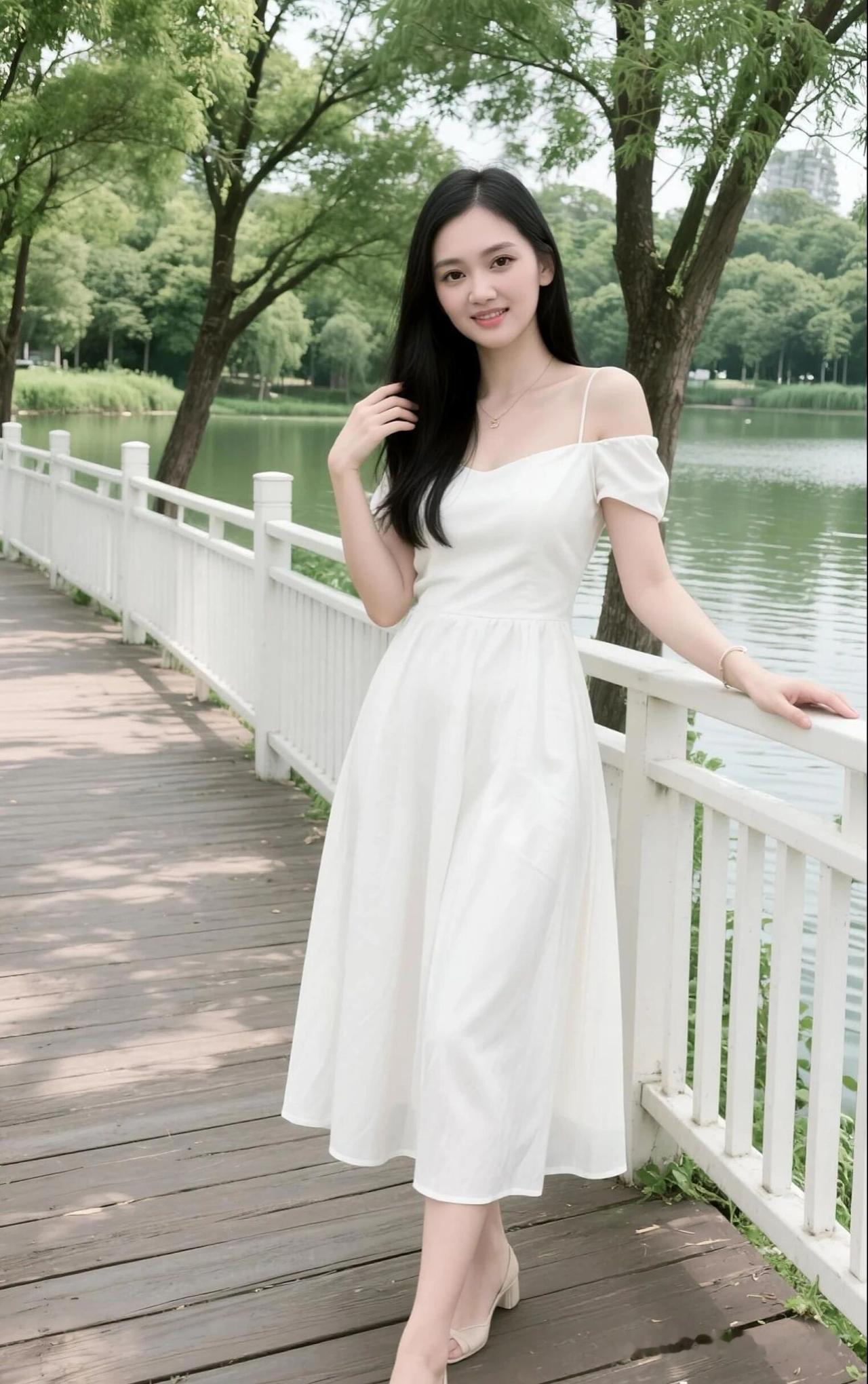 一个女孩在湖边散步，穿着白色连衣裙。