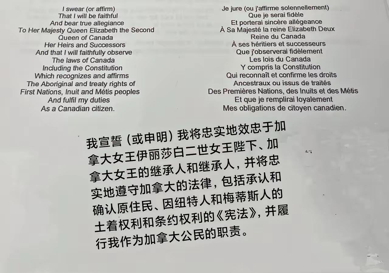 入籍加拿大，宣誓必须用英语或是法语不能用其它语言！

有个哥们不会英语也不会法语