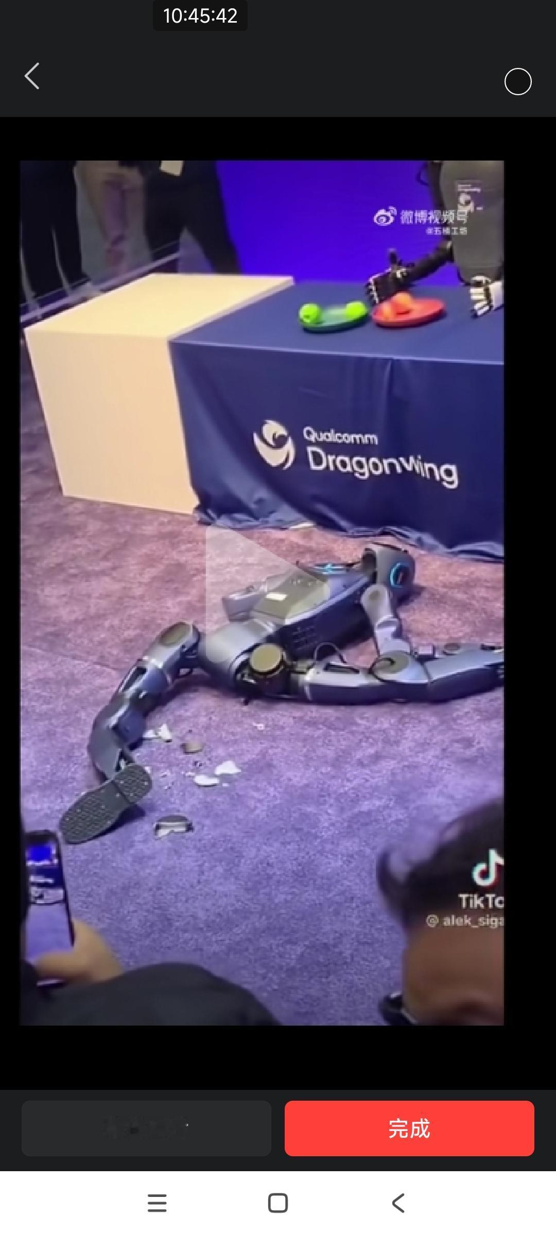 摔倒了，零件还碎了一地，工作人员都不知道怎么解决。

在表演时摔倒的这台机器人是