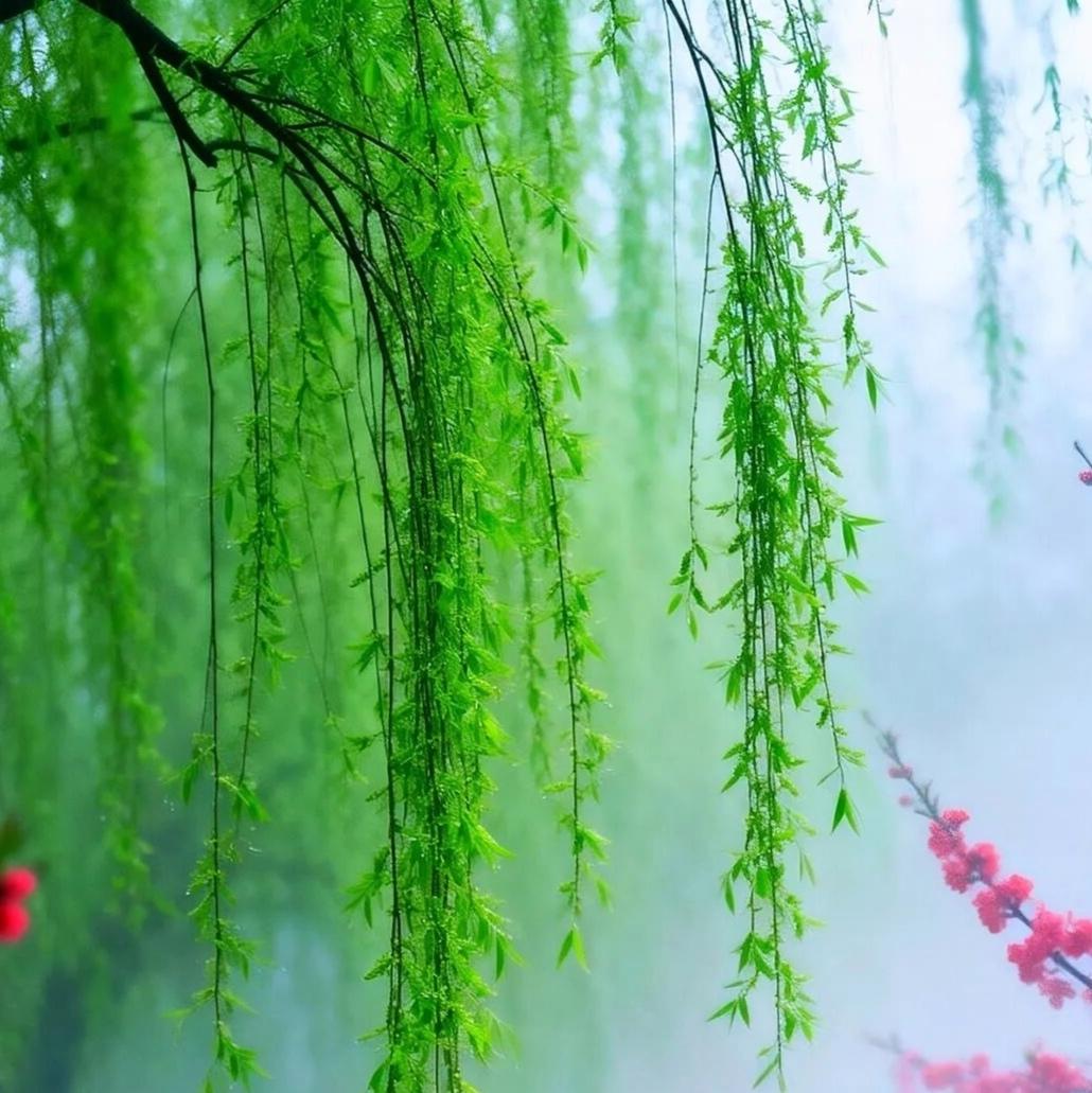 赏景：翠柳红梅碧水
看图说话：
绿柳垂垂拂碧水，
红梅点点映春媚。
碧水蓝天交相