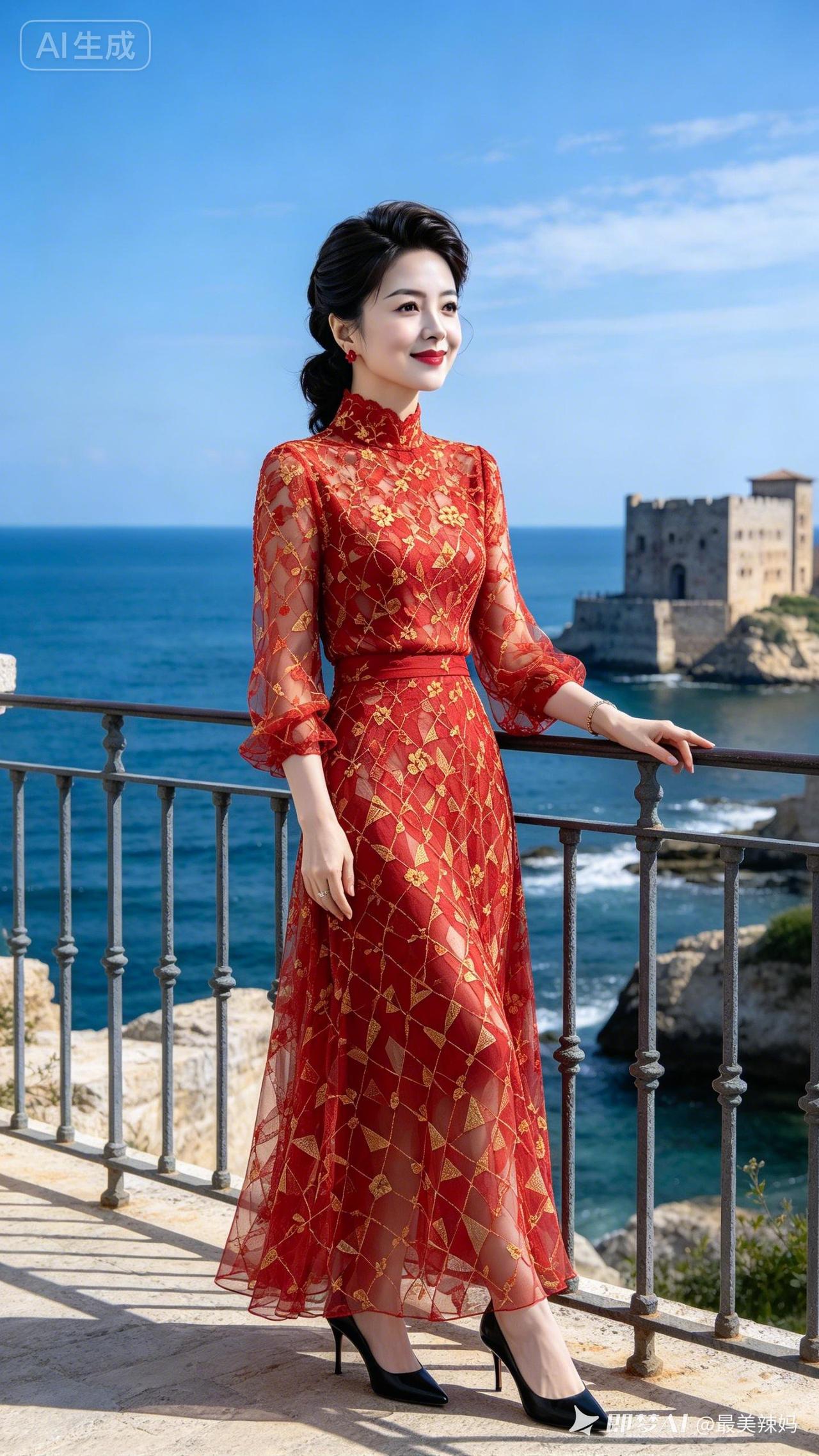 穿红裙的女士靠在海边栏杆上。