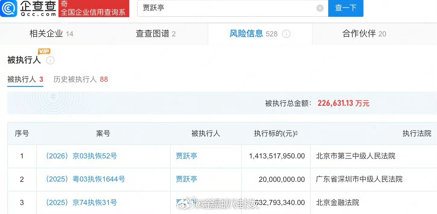 贾跃亭及乐视控股被恢复执行14.1亿，目前，贾跃亭关联3项被执行人信息，被执行总