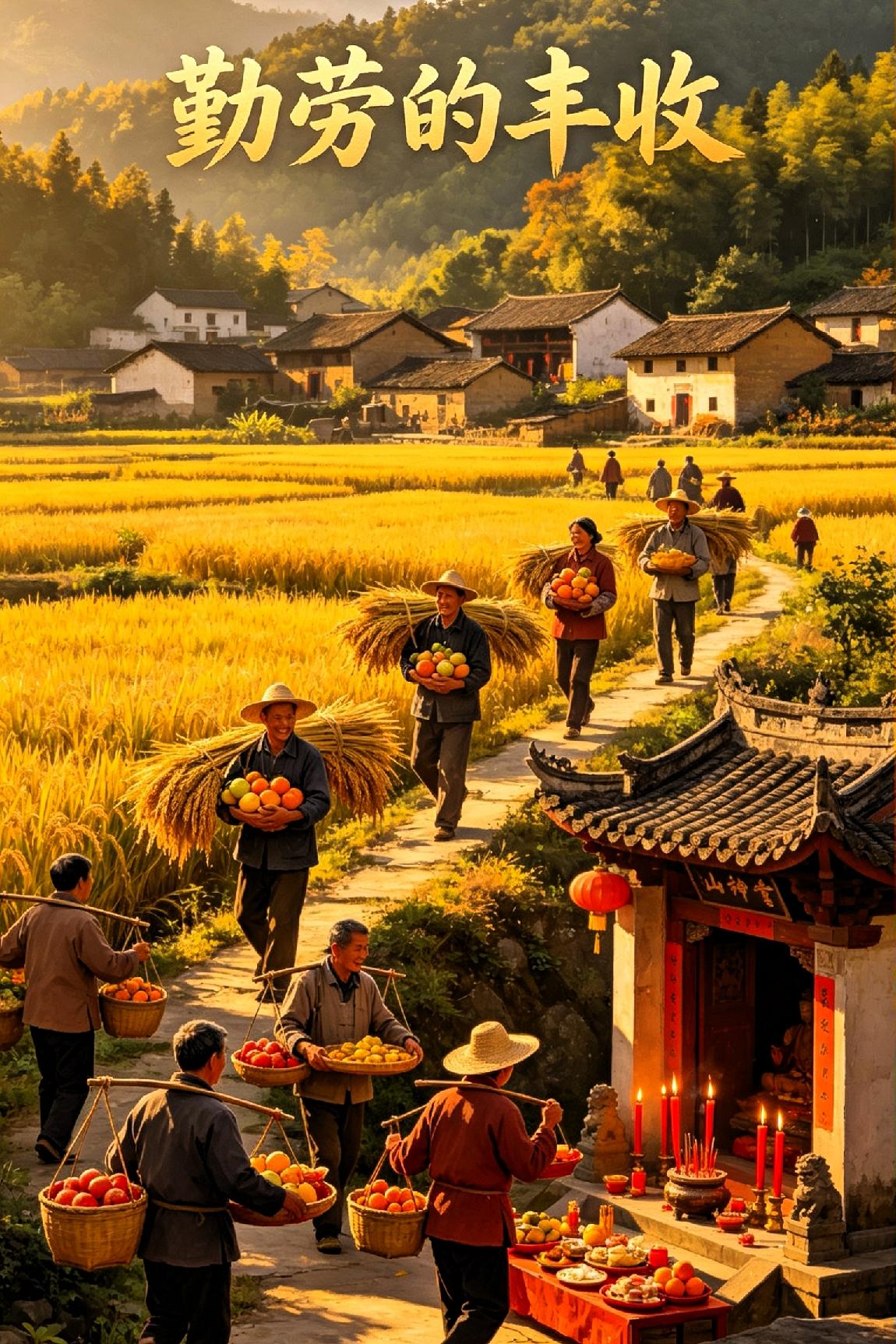 《勤劳的丰收》
 
(七律)

 
群山环舍野畴稠，耕凿依山岁月悠。

晓踏清霜