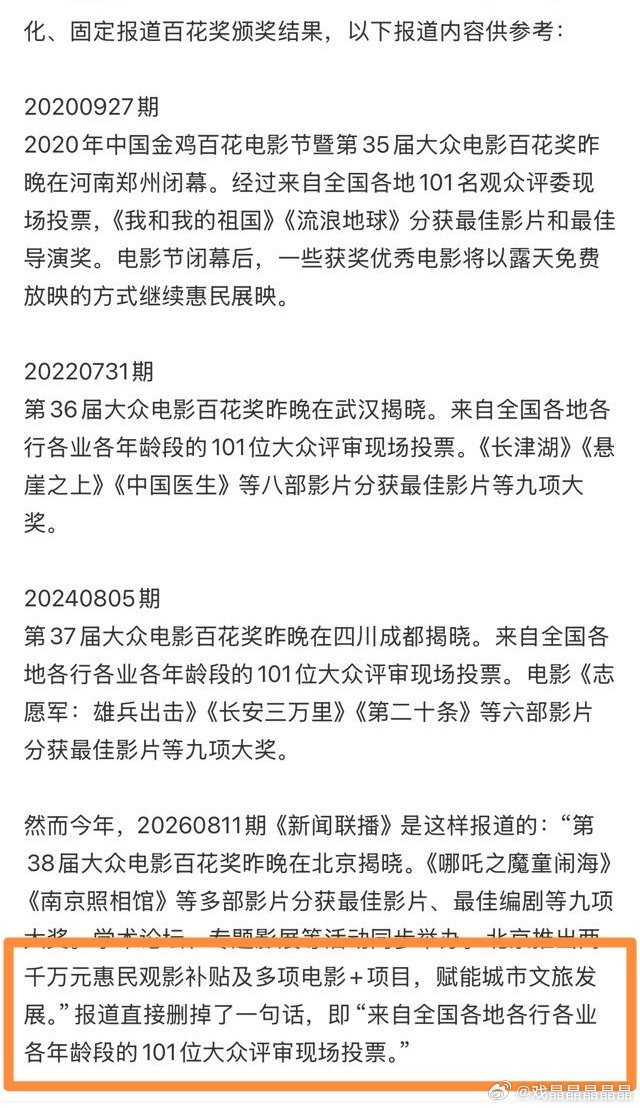 百花奖新闻报道直接删掉了一句话，即"来自全国各地各行各业各年龄段的101位大众评