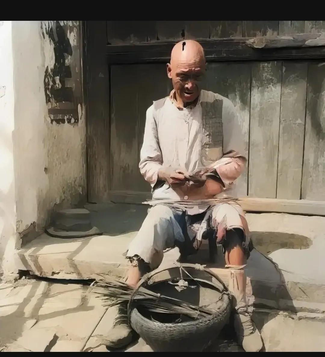 民国时期，一个小贩坐在闹市的一角，他的目光聚焦在手中的蒲草叶上，他灵巧的双手在蒲