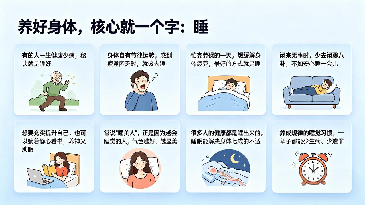 养好身体
核心就一个字“睡”

①有的人一生健康少病，秘诀就是睡好。

②身体自