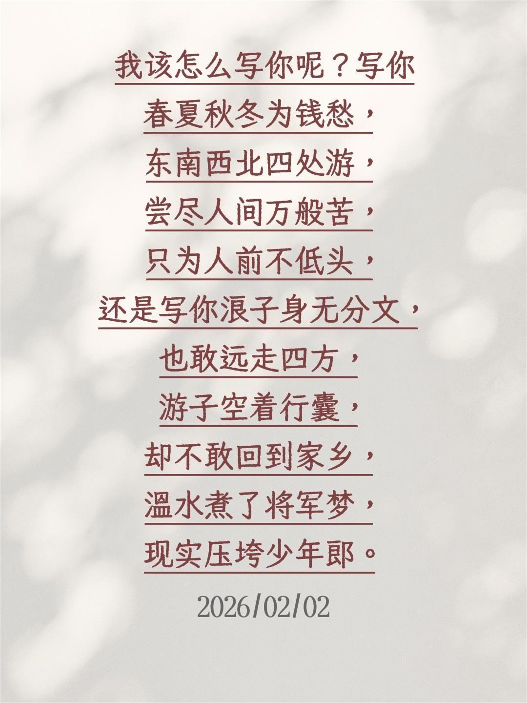 我该怎么写你呢？写你春夏秋冬为钱愁，东南西北四处游，尝尽人间万般苦，只为人前不低