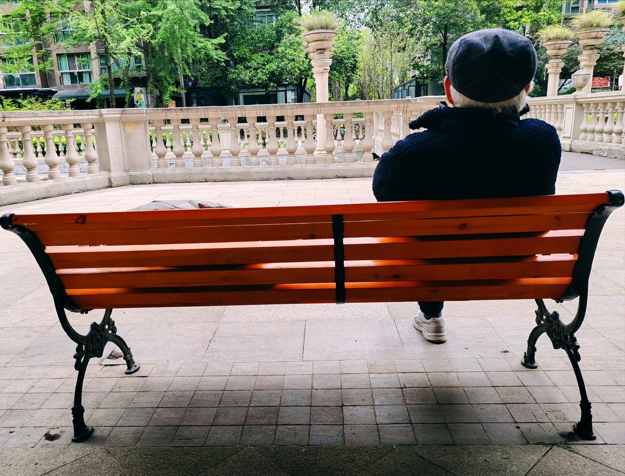 坐在小区的长椅上，眼前绿树成荫，像一幅天然的画卷。阳光透过树叶的缝隙洒下，形成一