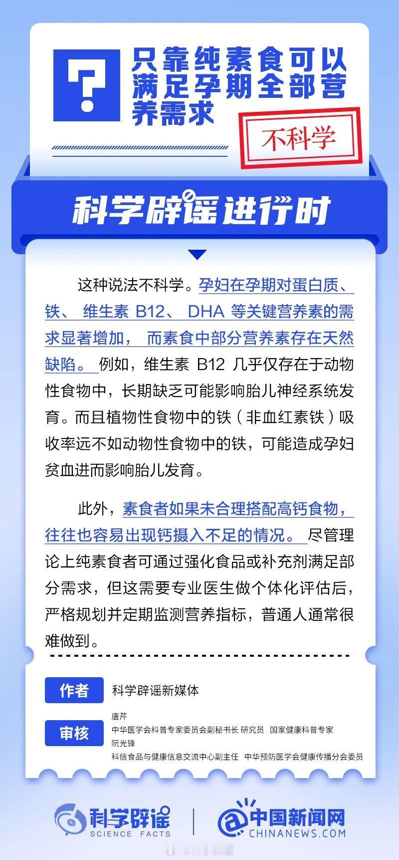 科学辟谣进行时 【只靠纯素食可以满足孕期全部营养需求？不科学】孕妇在孕期对蛋白质