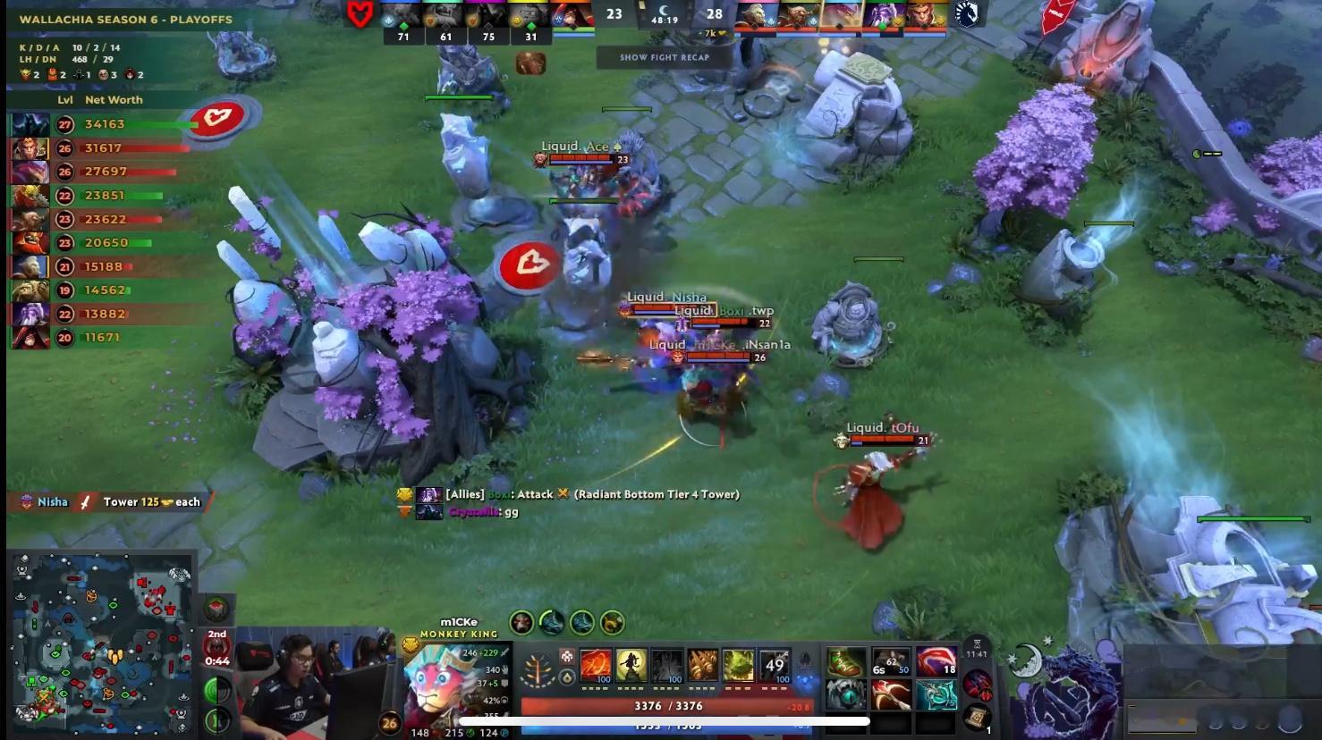 一场很精彩的比赛，Liquid在Mouz高地下强行开团并成功击杀没有留买的亚巴顿